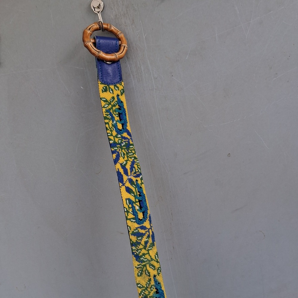 Vintage Needlepoint Alligator Safari 38" Belt Faux Bamboo Buckle Yellow Blue